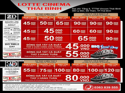 Rạp Lotte Thái Bình Lịch chiếu phim, thông tin giá vé